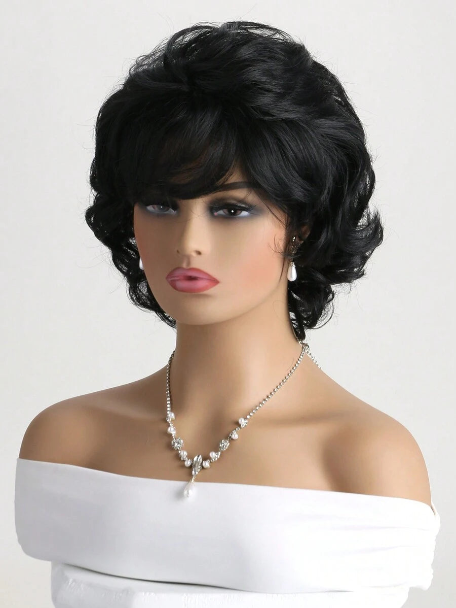 SHEIN باروكة قصيرة سوداء مجعدة 12 بوصة مع غرة