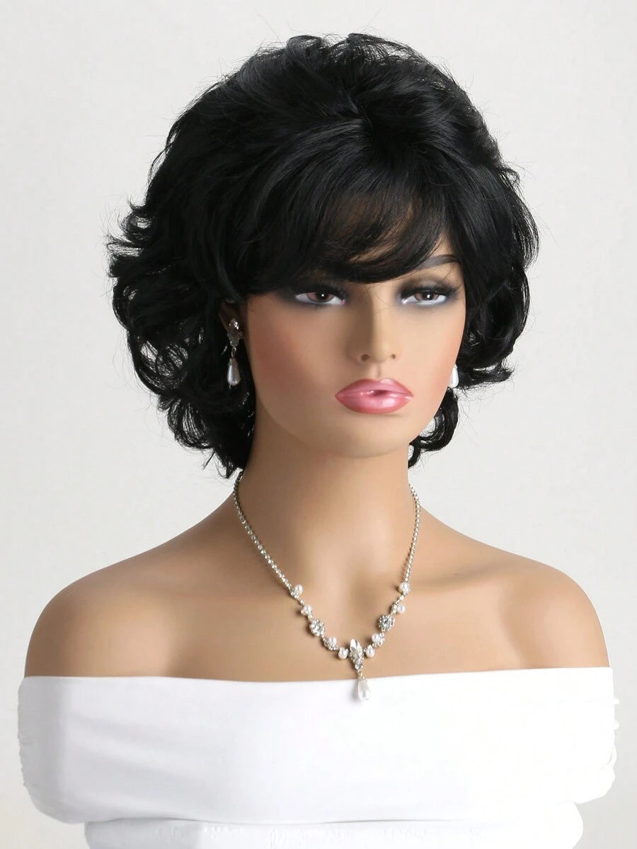 SHEIN باروكة قصيرة سوداء مجعدة 12 بوصة مع غرة