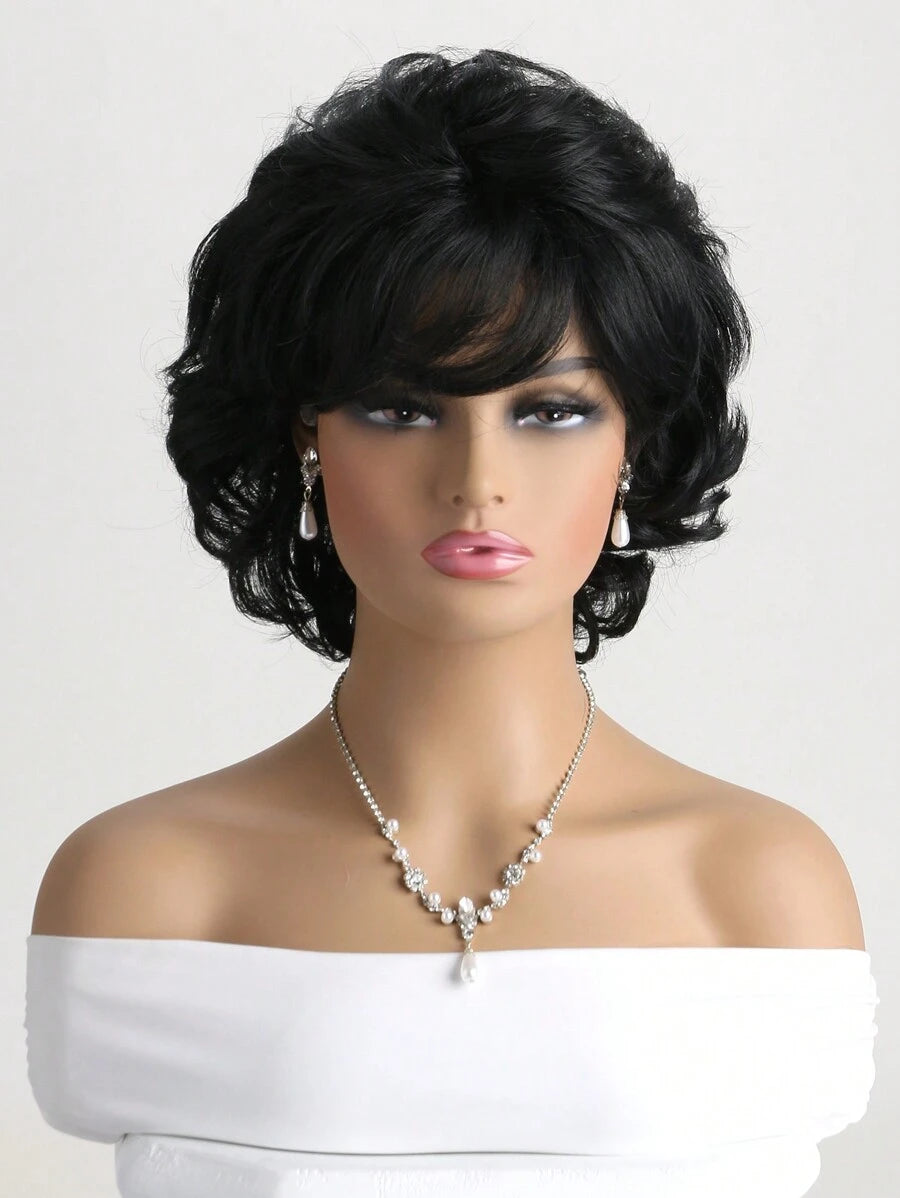 SHEIN باروكة قصيرة سوداء مجعدة 12 بوصة مع غرة