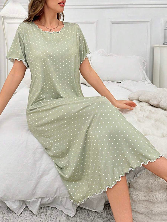 SHEIN فستان نوم طويل بطبعة منقطة مع حافة برسيم