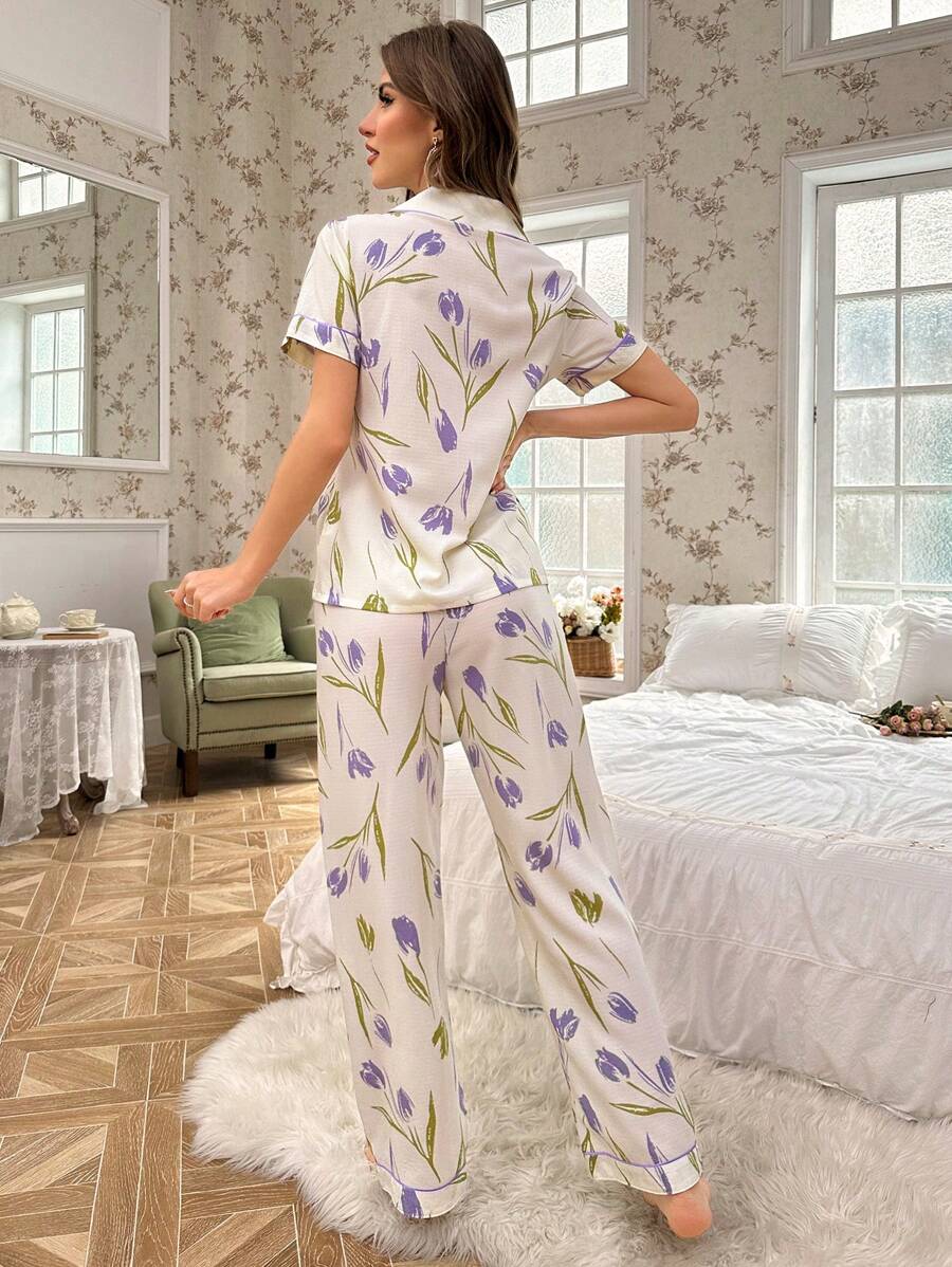 Shein CottageSlumber مجموعة بيجاما نسائية بياقة بتصميم طيات زرقة مطبوعة بفقاعات التجعيد