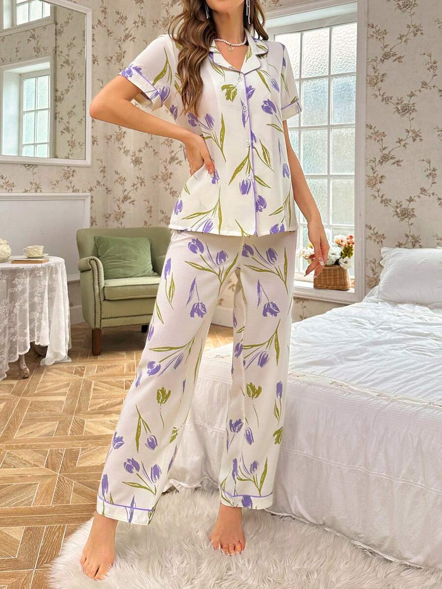 Shein CottageSlumber مجموعة بيجاما نسائية بياقة بتصميم طيات زرقة مطبوعة بفقاعات التجعيد