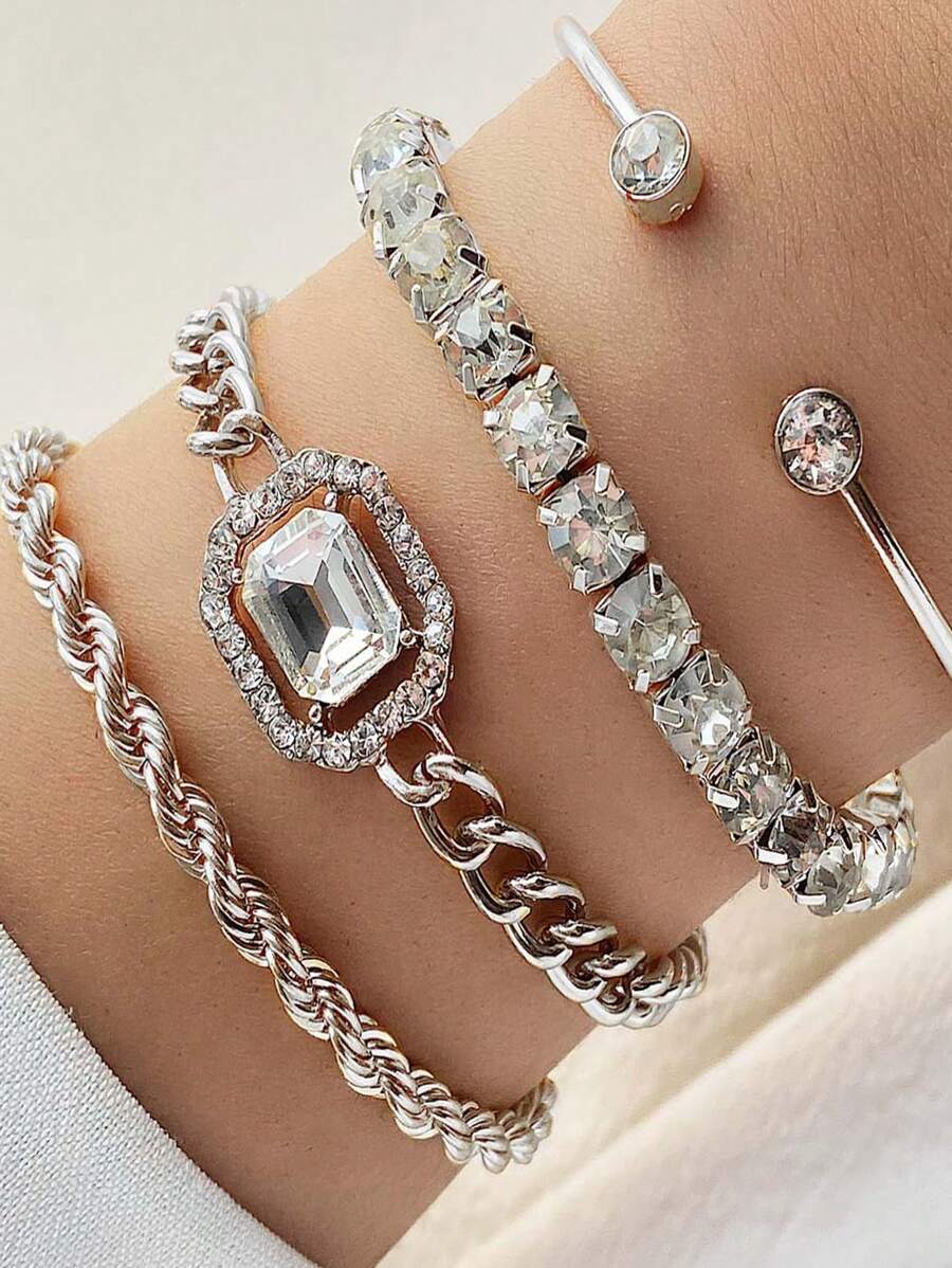 SHEIN مجموعة أساور فضية 4 قطع مزينة بأحجار الراين