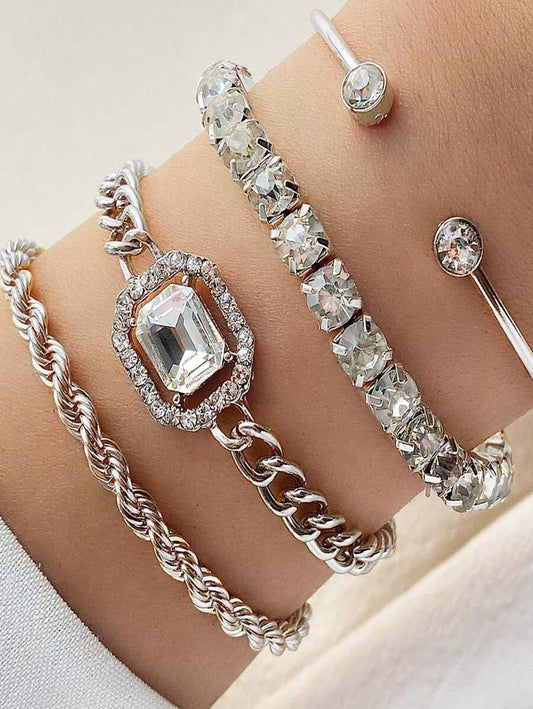 SHEIN مجموعة أساور فضية 4 قطع مزينة بأحجار الراين