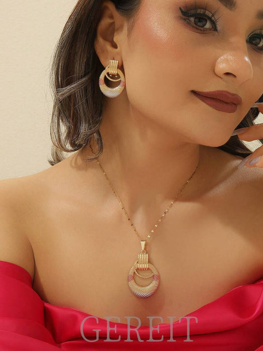 SHEIN طقم قلادة وأقراط دائرة ملونة ستانلس ستيل