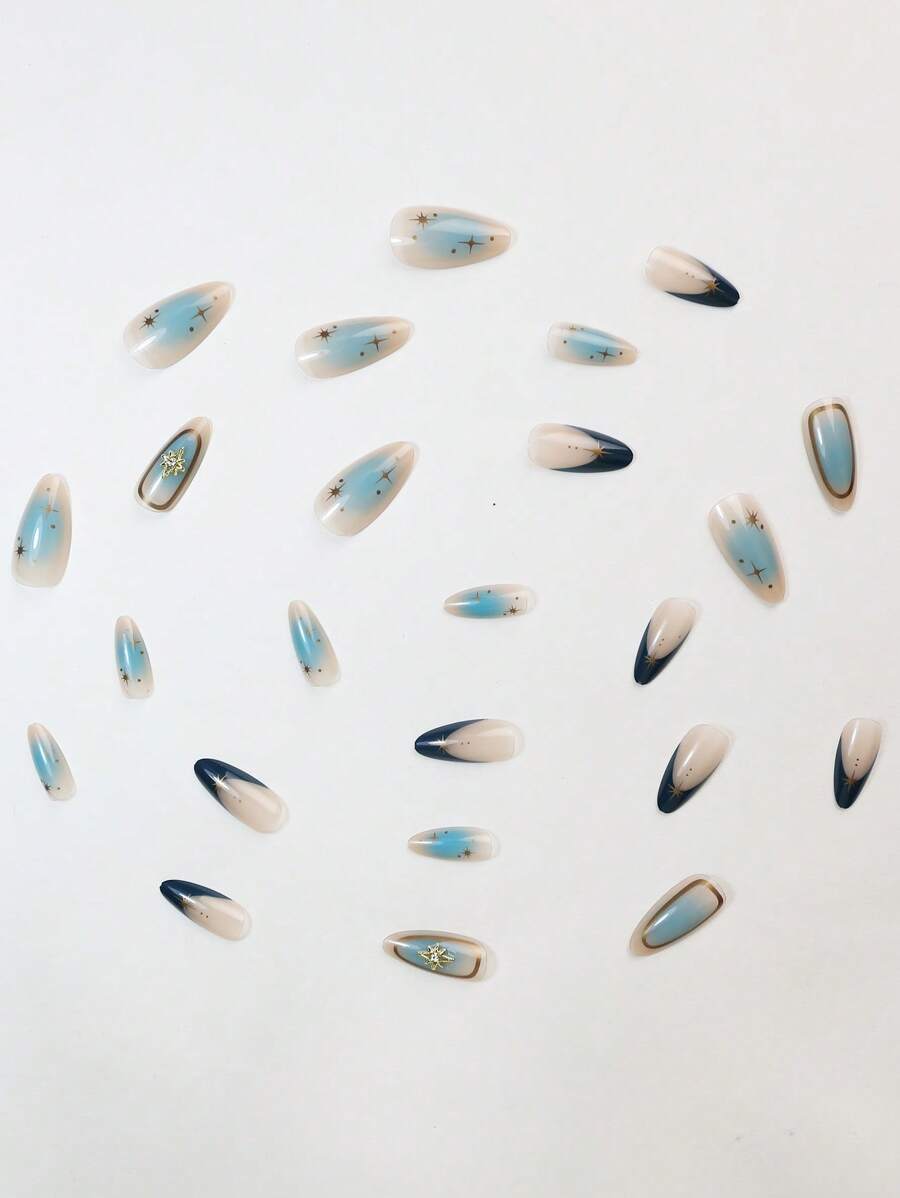 SHEIN أظافر 24 قطعة لوز طويل بنجمة ثمانية أطراف مع غراء وشريط ملف