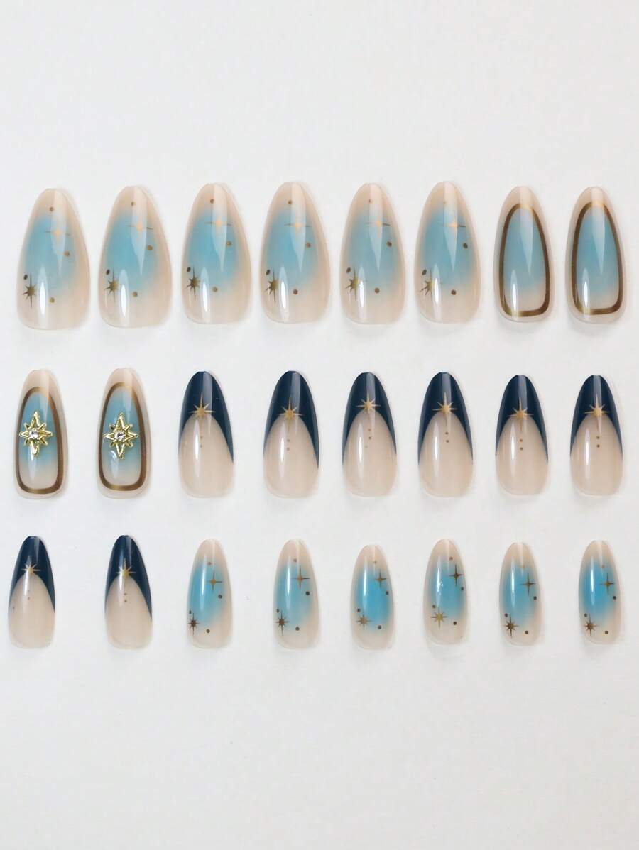 SHEIN أظافر 24 قطعة لوز طويل بنجمة ثمانية أطراف مع غراء وشريط ملف