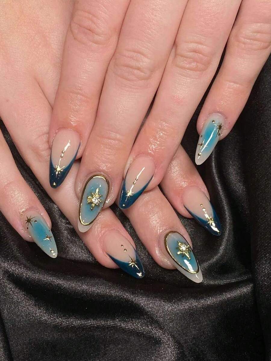 SHEIN أظافر 24 قطعة لوز طويل بنجمة ثمانية أطراف مع غراء وشريط ملف