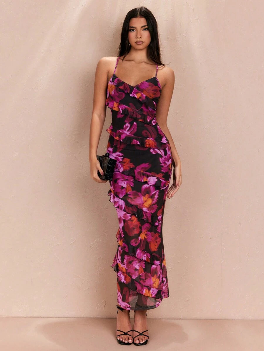 SHEIN BAE فستان مطبوع بالزهور مع تنورة متعددة الطيات