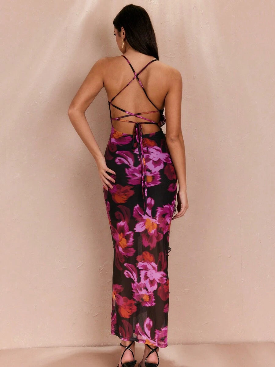 SHEIN BAE فستان مطبوع بالزهور مع تنورة متعددة الطيات