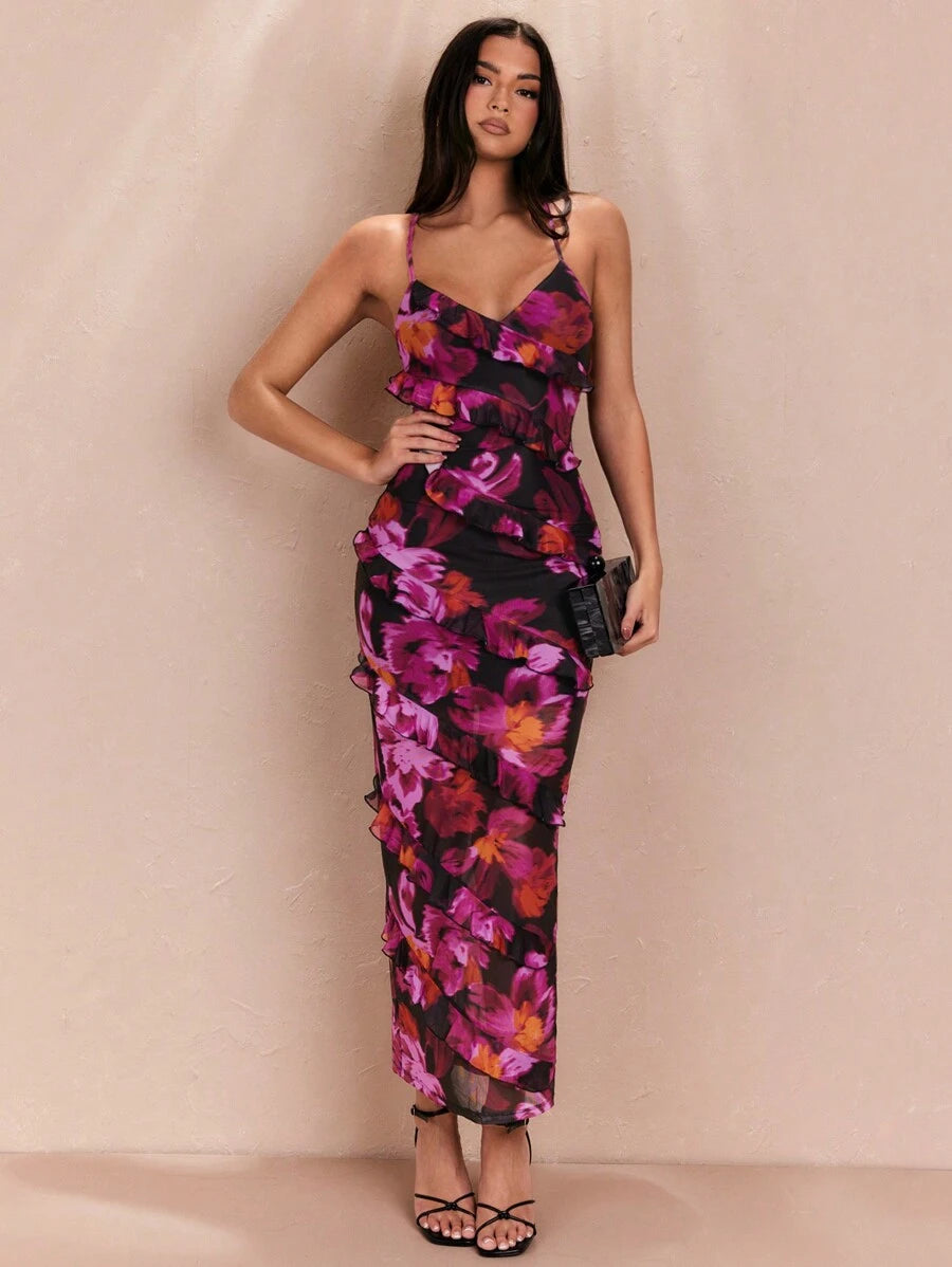 SHEIN BAE فستان مطبوع بالزهور مع تنورة متعددة الطيات