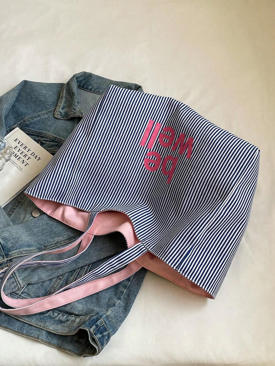 SHEIN حقيبة كتف كلاسيكية بخطوط متباينة خفيفة بسعة كبيرة
