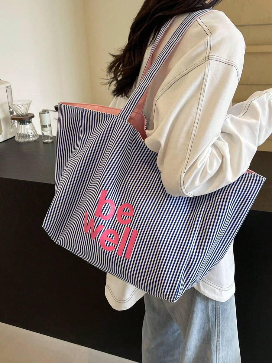 SHEIN حقيبة كتف كلاسيكية بخطوط متباينة خفيفة بسعة كبيرة