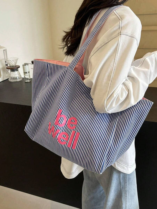 SHEIN حقيبة كتف كلاسيكية بخطوط متباينة خفيفة بسعة كبيرة