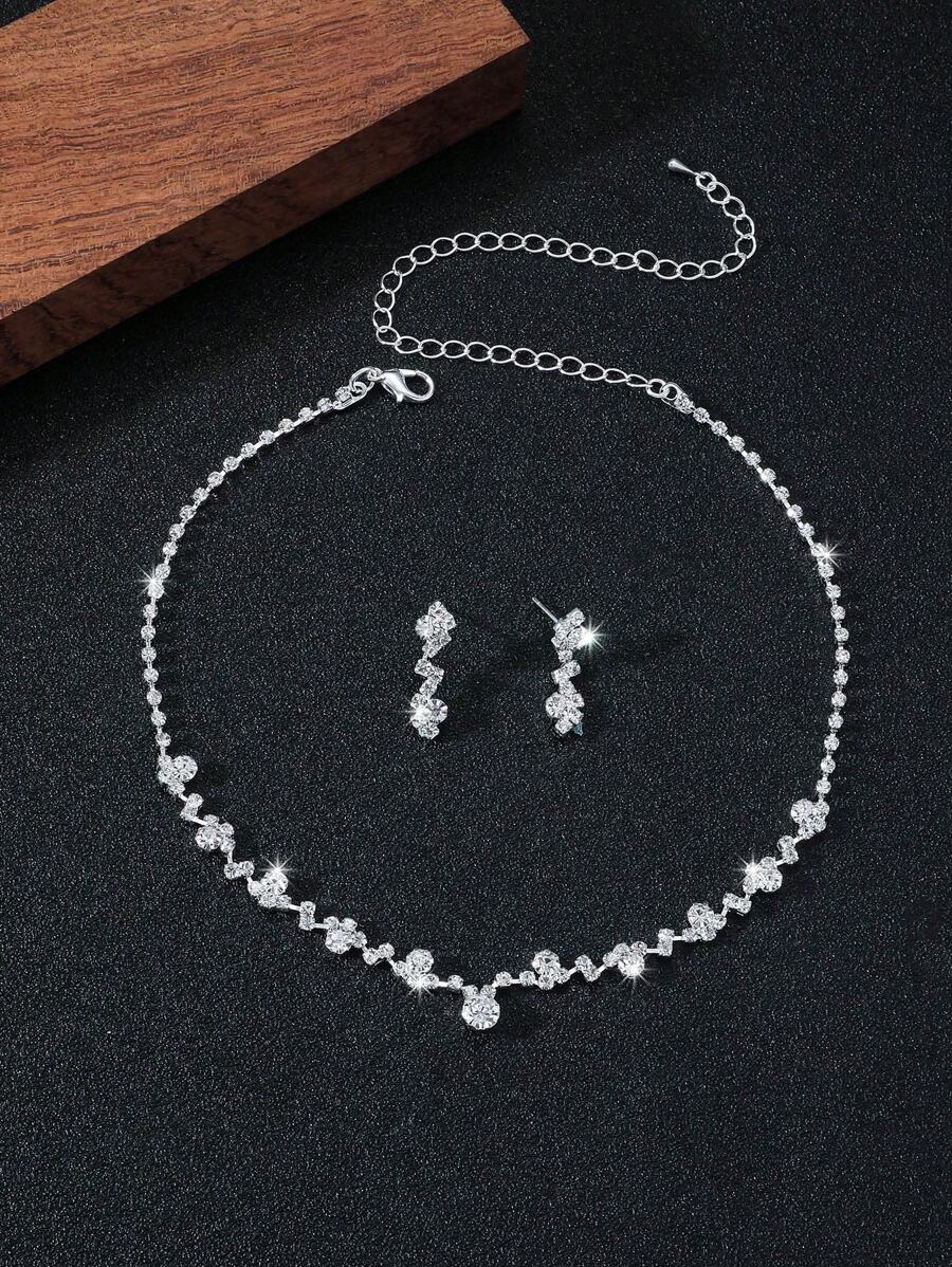 SHEIN طقم مجوهرات فضية 3 قطع مزين بحجر الراين