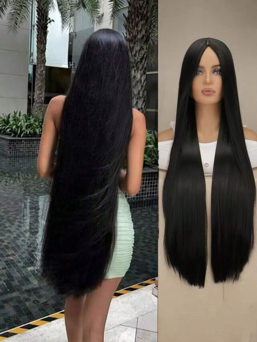 SHEIN باروكة شعر اصطناعي مستقيم أسود 40 بوصة