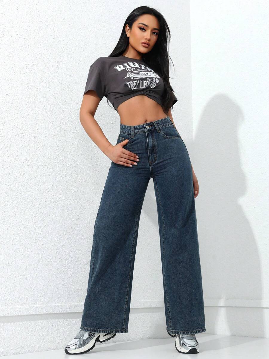 SHEIN ICON بنطلون جينز مستقيم عصري للسيدات