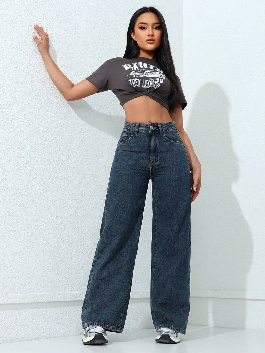 SHEIN ICON بنطلون جينز مستقيم عصري للسيدات