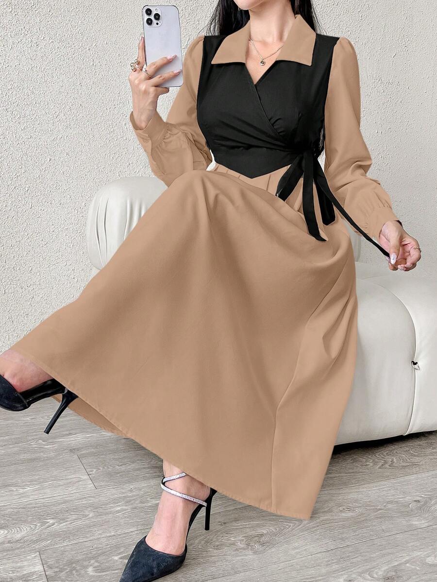 SHEIN Mulvari فستان كاكي بيج أنيق بربطة خلفية