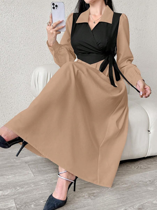 SHEIN Mulvari فستان كاكي بيج أنيق بربطة خلفية