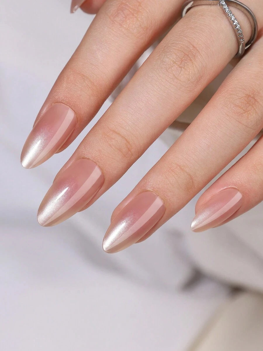 SHEIN طقم أظافر 30 قطعة ضغط لوزية طويلة بيج ووردي فاتح مع جل