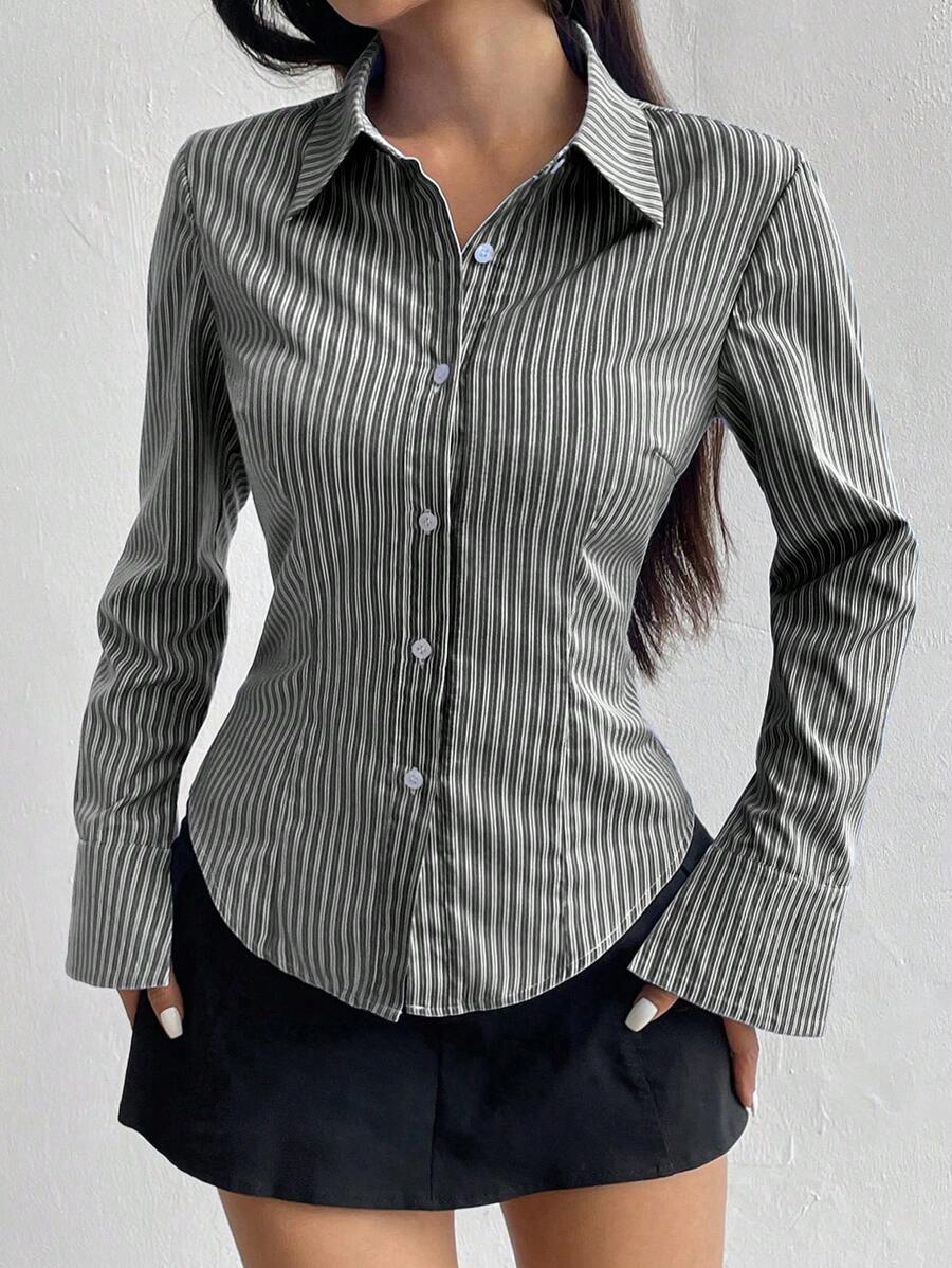 SHEIN Flirla قميص نسائي مخطط بأكمام طويلة