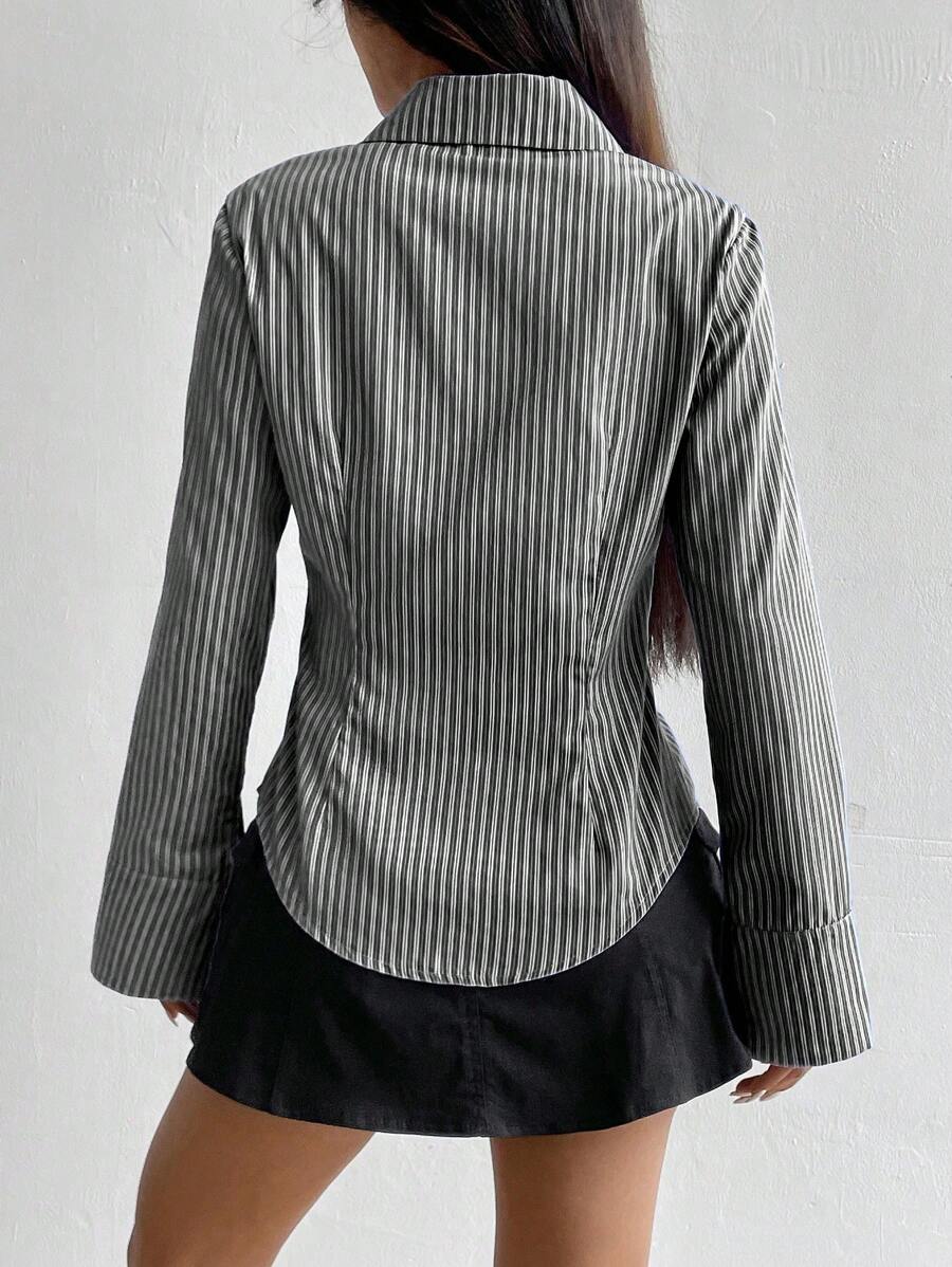 SHEIN Flirla قميص نسائي مخطط بأكمام طويلة