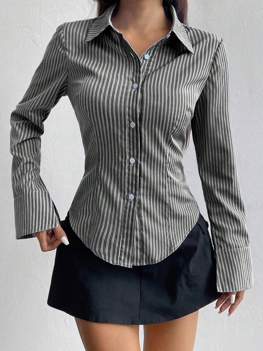 SHEIN Flirla قميص نسائي مخطط بأكمام طويلة