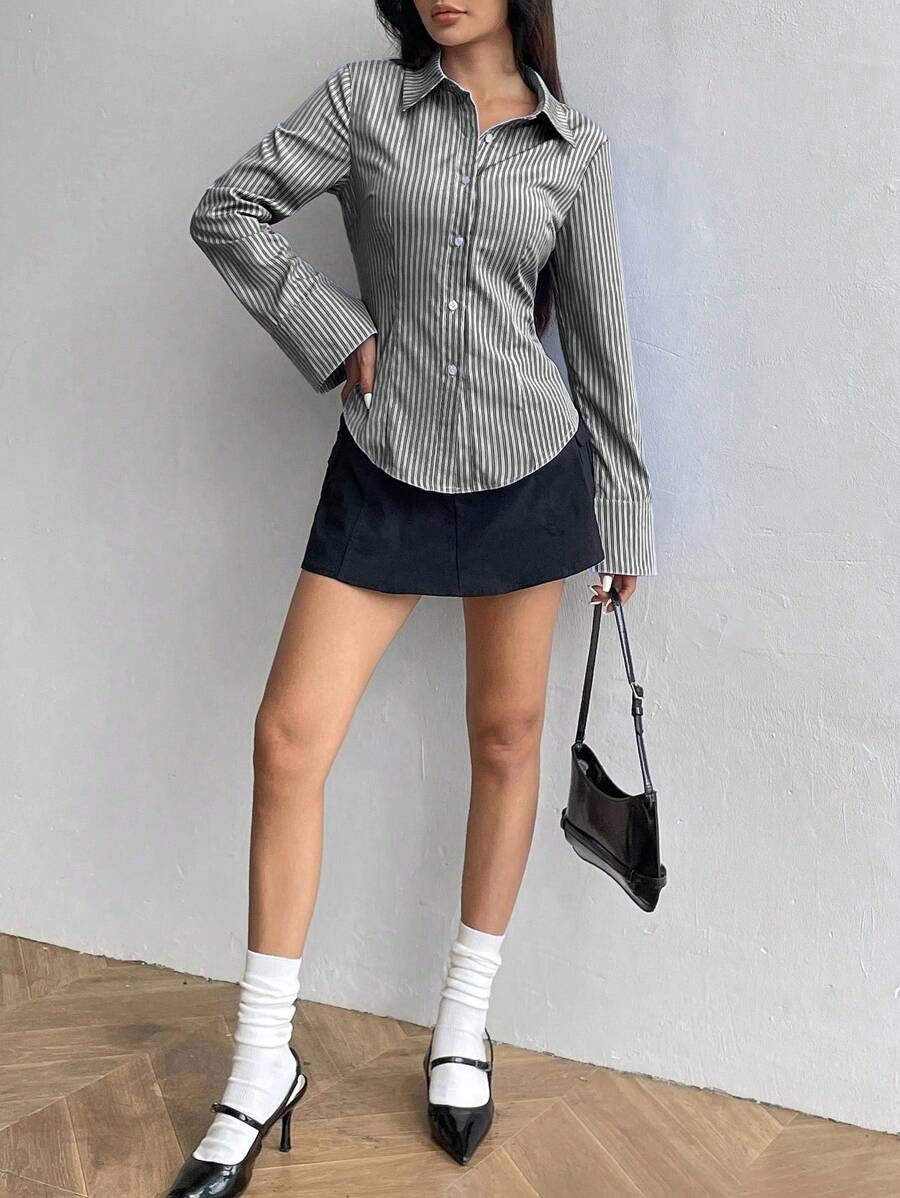 SHEIN Flirla قميص نسائي مخطط بأكمام طويلة