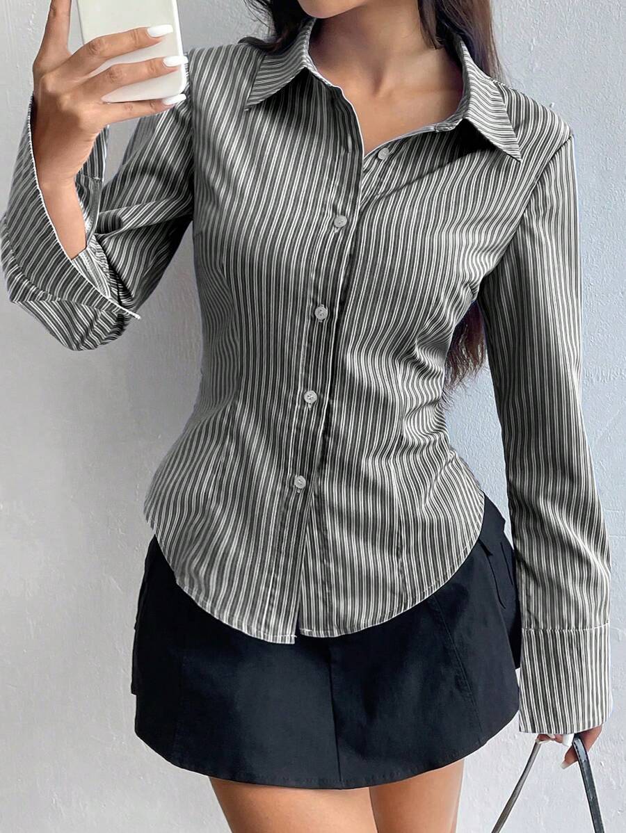 SHEIN Flirla قميص نسائي مخطط بأكمام طويلة