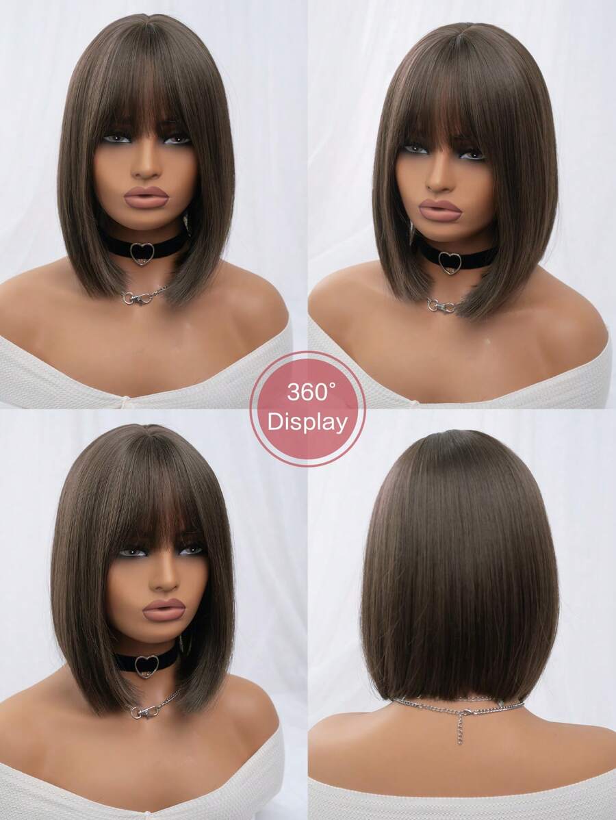 SHEIN شعر بني مستعار مستقيم 12 بوصة مقاوم للحرارة