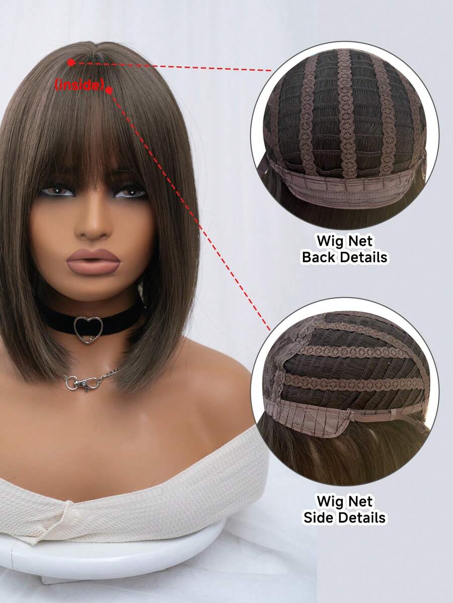 SHEIN شعر بني مستعار مستقيم 12 بوصة مقاوم للحرارة