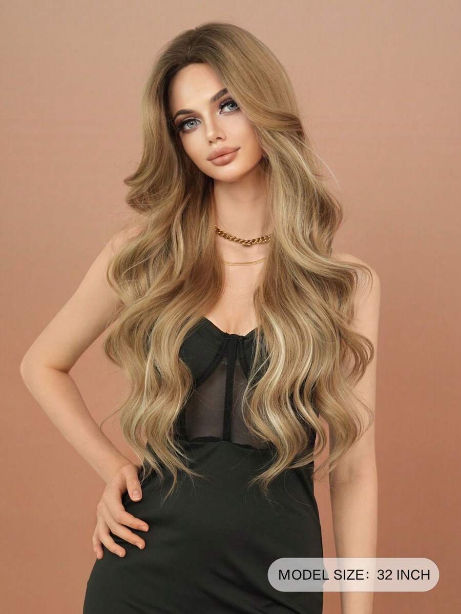 SHEIN باروكة شعر طويل جداً مموج بلون بني فاتح 32 بوصة