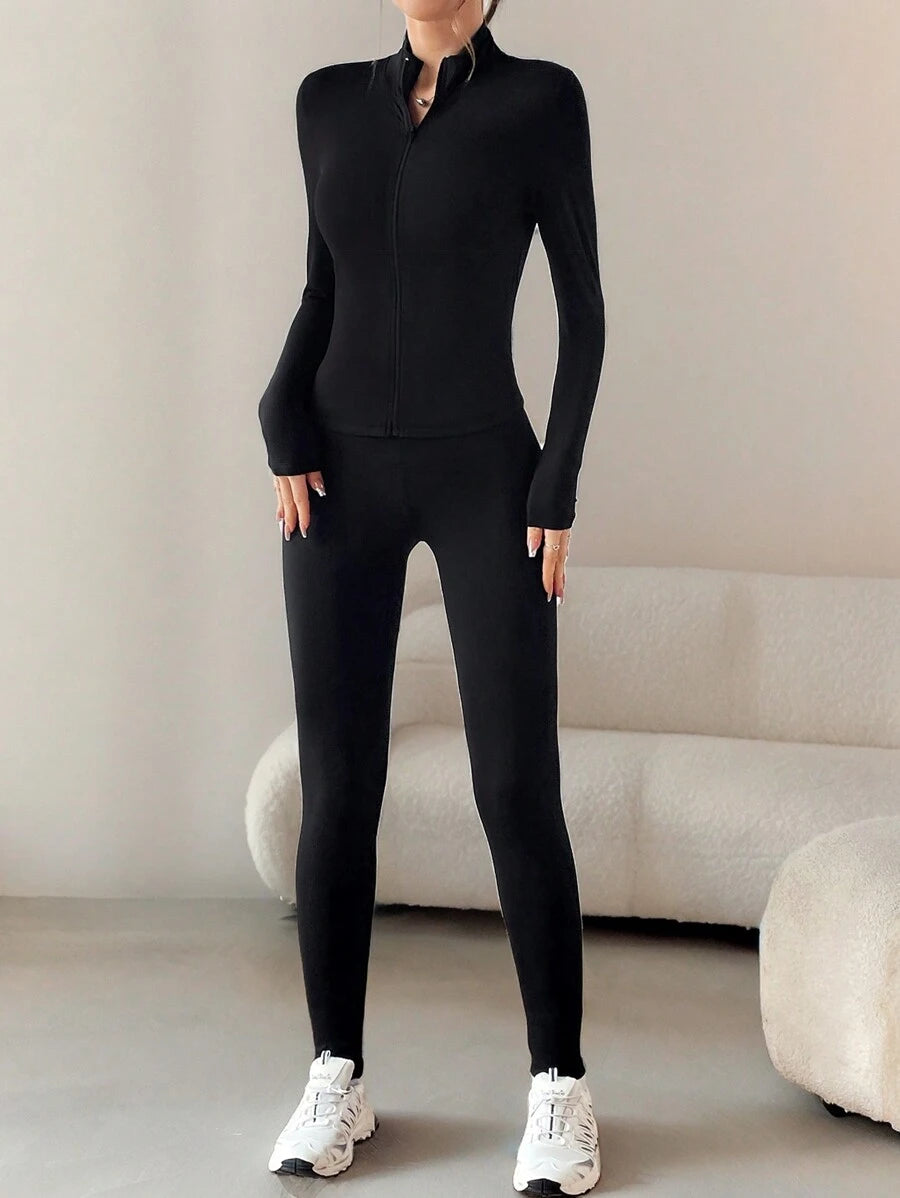 SHEIN EZwear طقم رياضي قطعتين أسود بجاكيت سحاب وتايتس