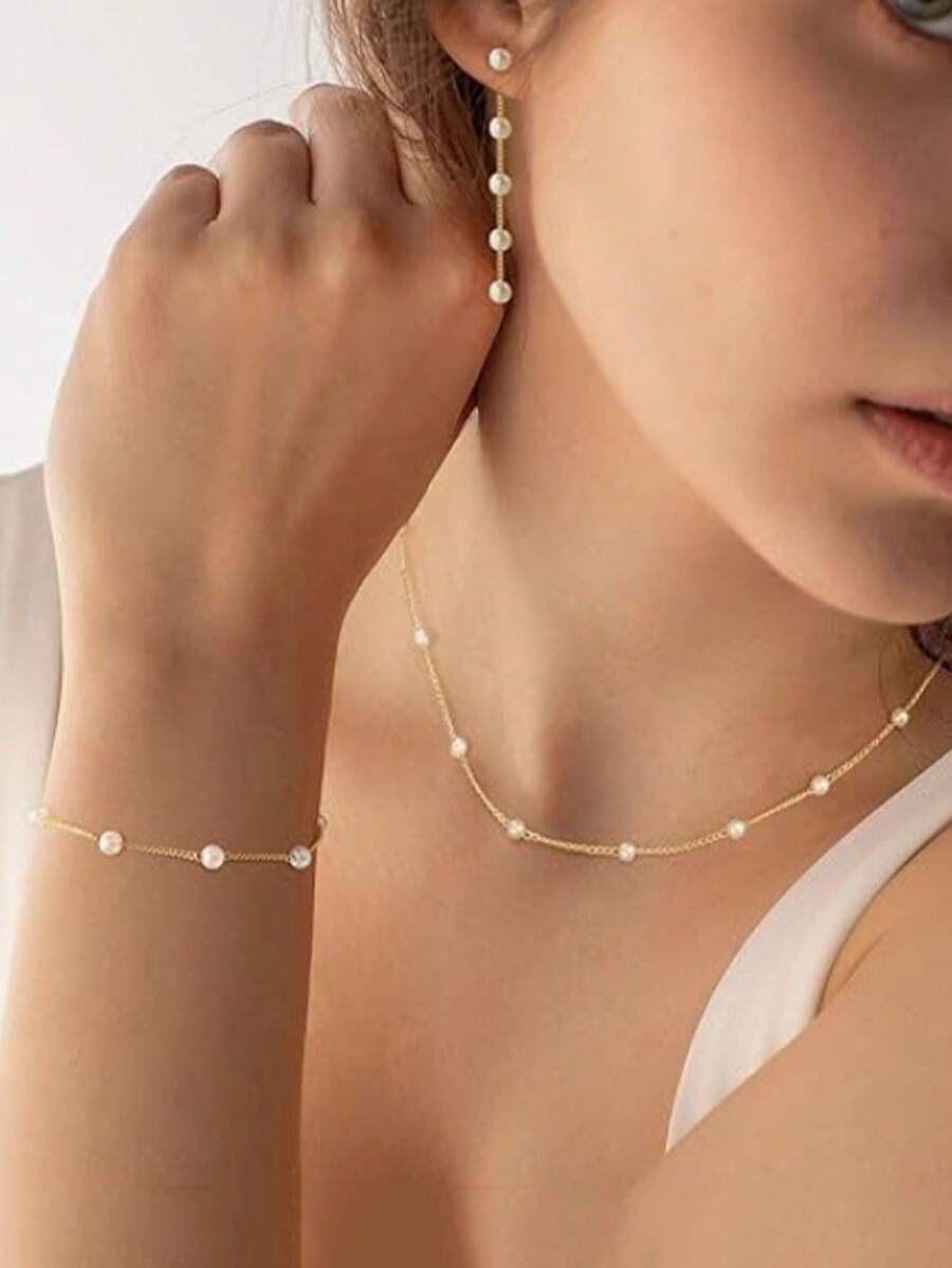 SHEIN طقم مجوهرات كلاسيكي مزين بخرز زجاج أصفر