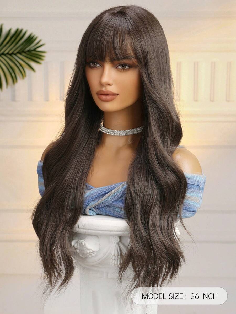 SHEIN باروكة شعر مجعد طويلة 26 بوصة بلون بني مع غرة مقاومة للحرارة