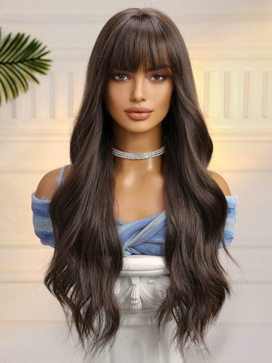 SHEIN باروكة شعر مجعد طويلة 26 بوصة بلون بني مع غرة مقاومة للحرارة