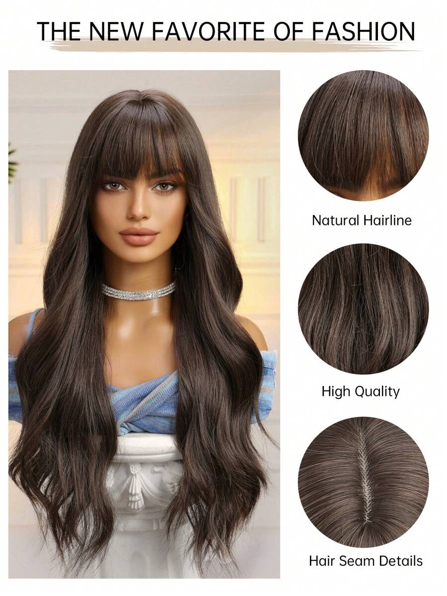 SHEIN باروكة شعر مجعد طويلة 26 بوصة بلون بني مع غرة مقاومة للحرارة