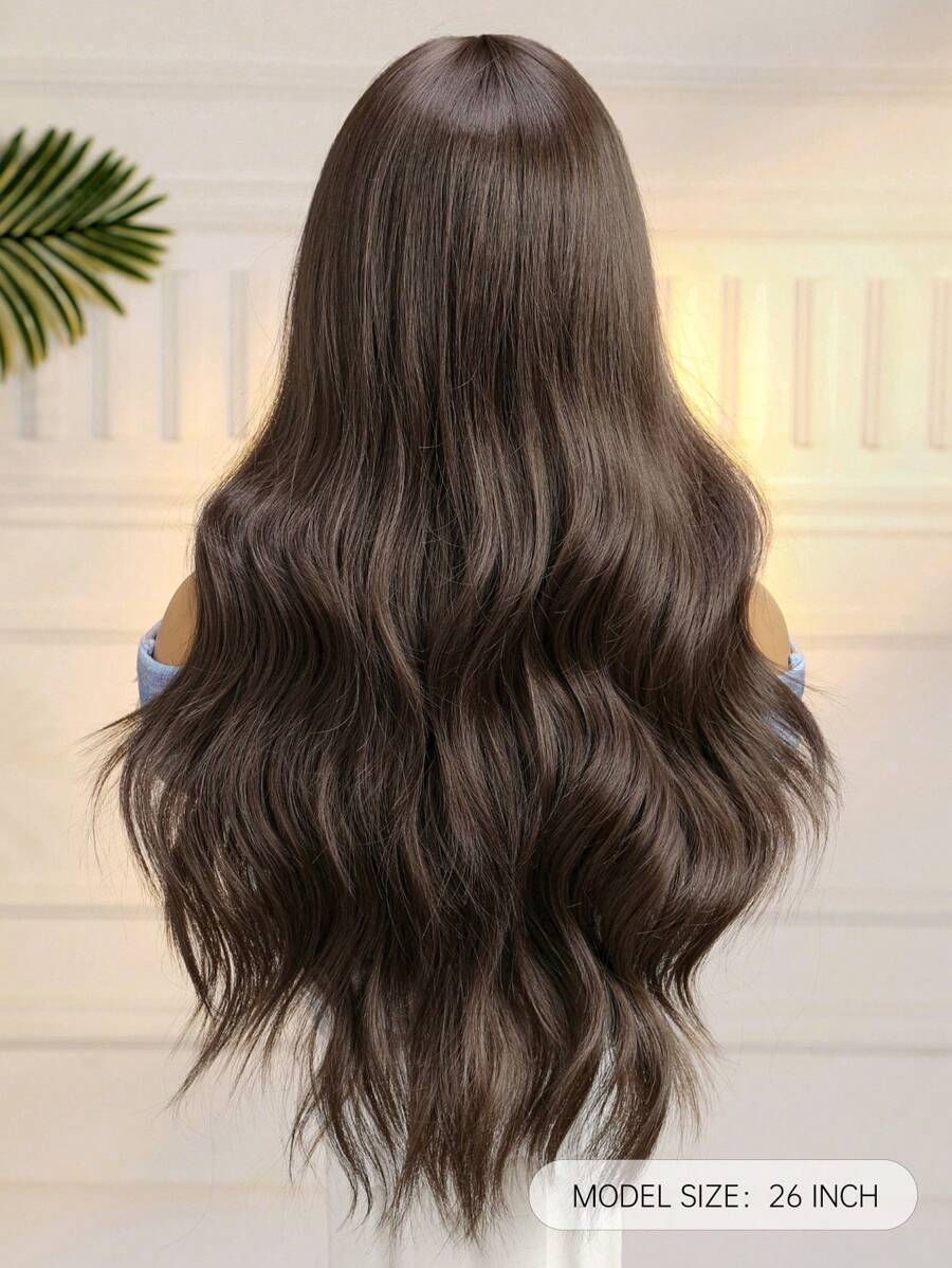 SHEIN باروكة شعر مجعد طويلة 26 بوصة بلون بني مع غرة مقاومة للحرارة
