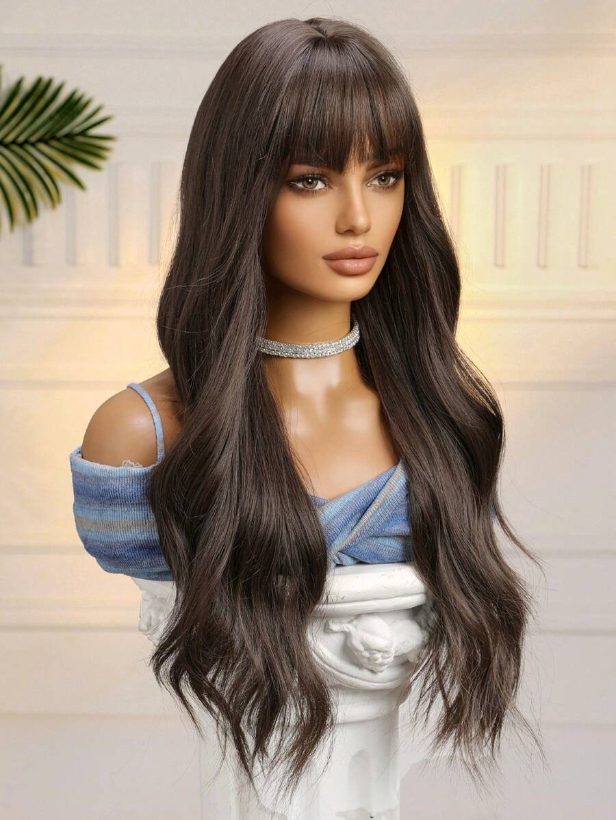 SHEIN باروكة شعر مجعد طويلة 26 بوصة بلون بني مع غرة مقاومة للحرارة