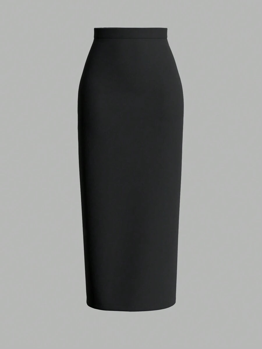 SHEIN Firerie تنورة سوداء طويلة بخصر عالي ضيقة وأنيقة