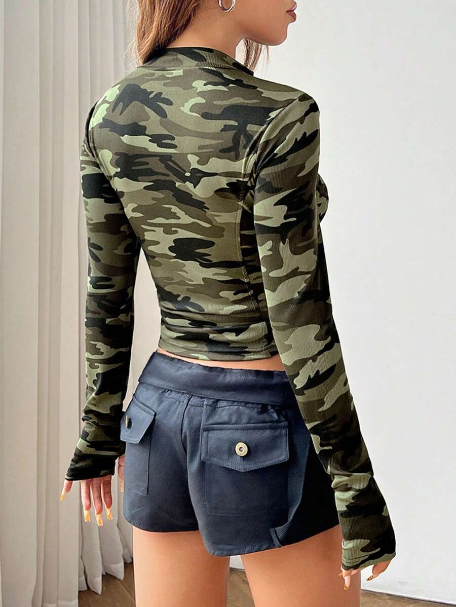 SHEIN EZwear جاكيت نسائي بطبعة كاموفلاج بياقة عالية وسحاب أمامي