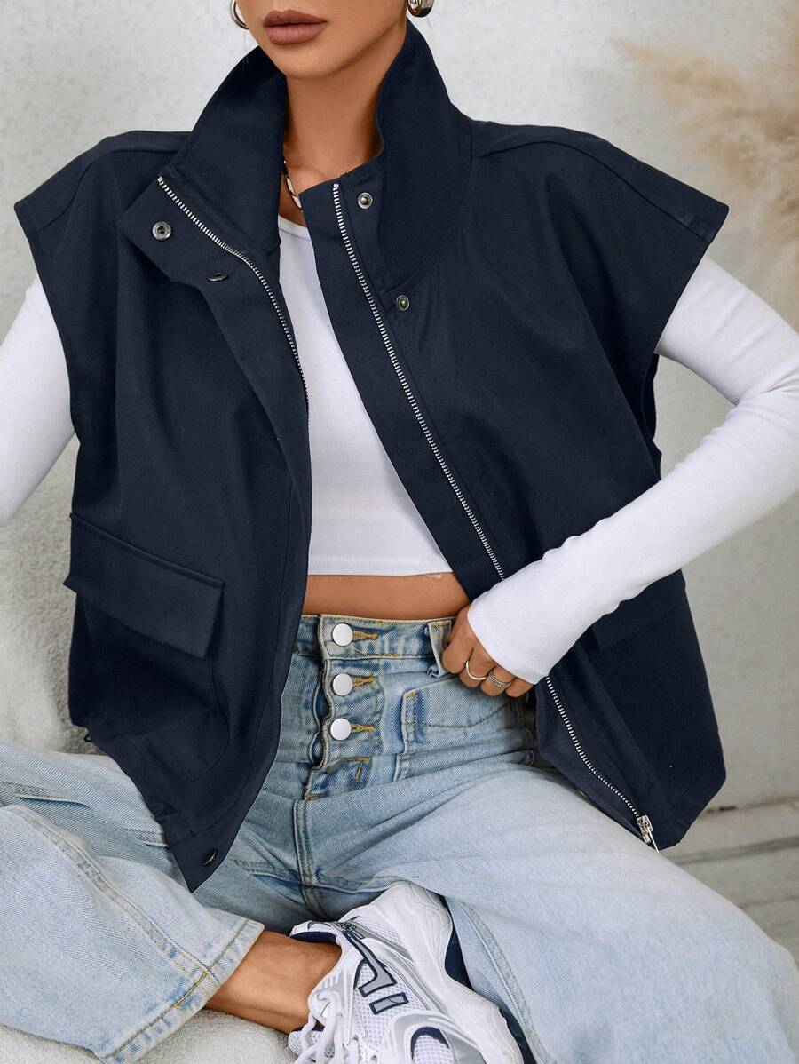 SHEIN EZwear معطف نسائي كاجوال بأزرار أمامية وجيب وسحاب