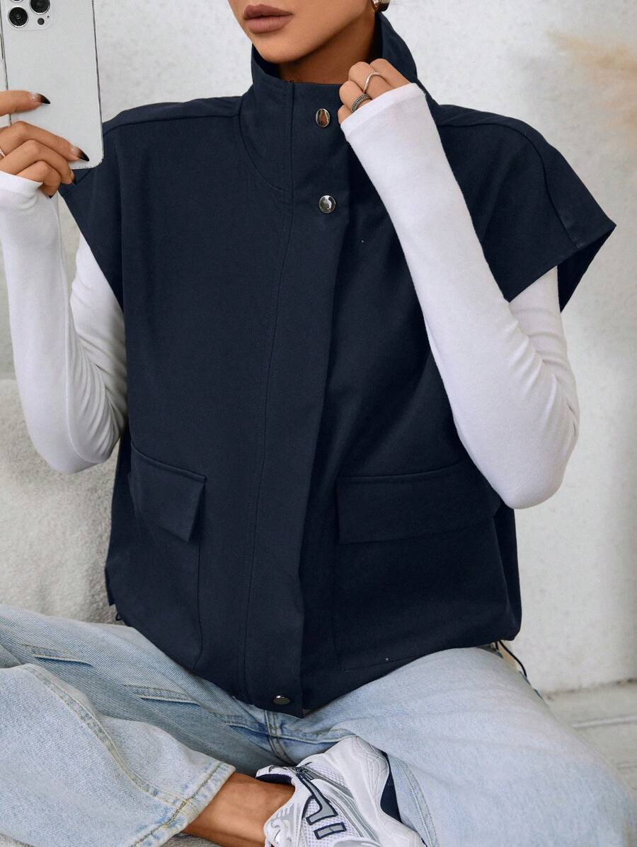 SHEIN EZwear معطف نسائي كاجوال بأزرار أمامية وجيب وسحاب