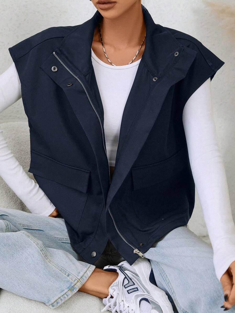 SHEIN EZwear معطف نسائي كاجوال بأزرار أمامية وجيب وسحاب