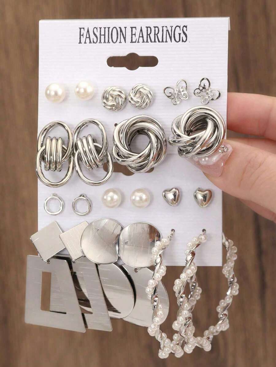 SHEIN مجموعة 11 زوج أقراط بتصاميم متنوعة ولؤلؤ اصطناعي