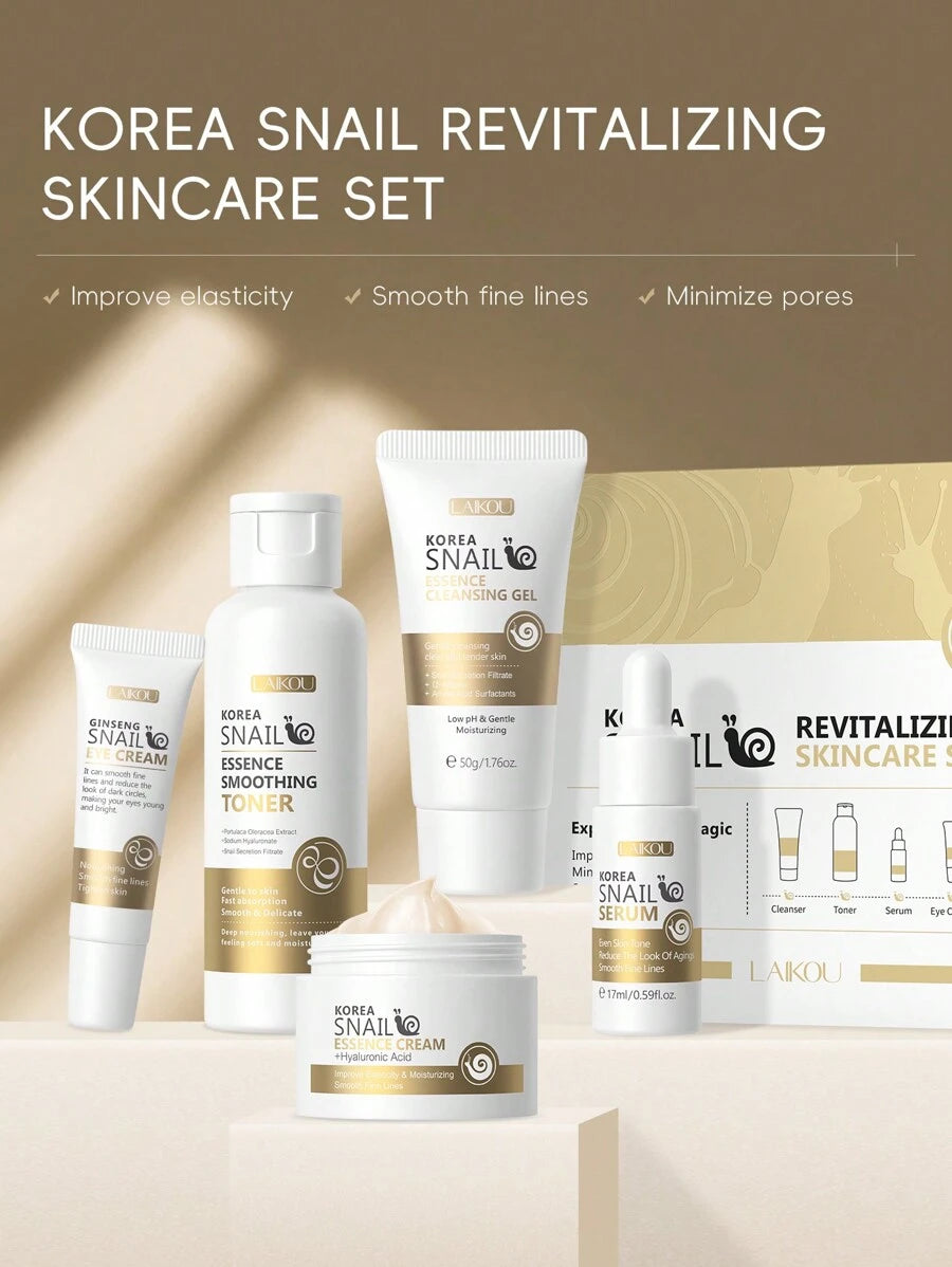 LAIKOU طقم العناية بالبشرة المغذية 5 قطع (جل تنظيف، مرطب، سائل الجوهر، كريم العيون، كريم الجوهر)