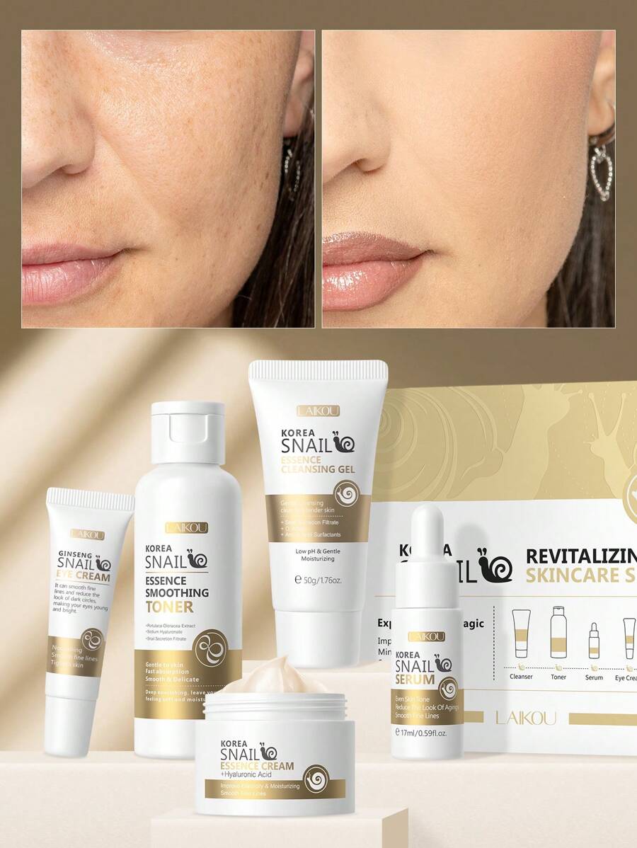 LAIKOU طقم العناية بالبشرة المغذية 5 قطع (جل تنظيف، مرطب، سائل الجوهر، كريم العيون، كريم الجوهر)