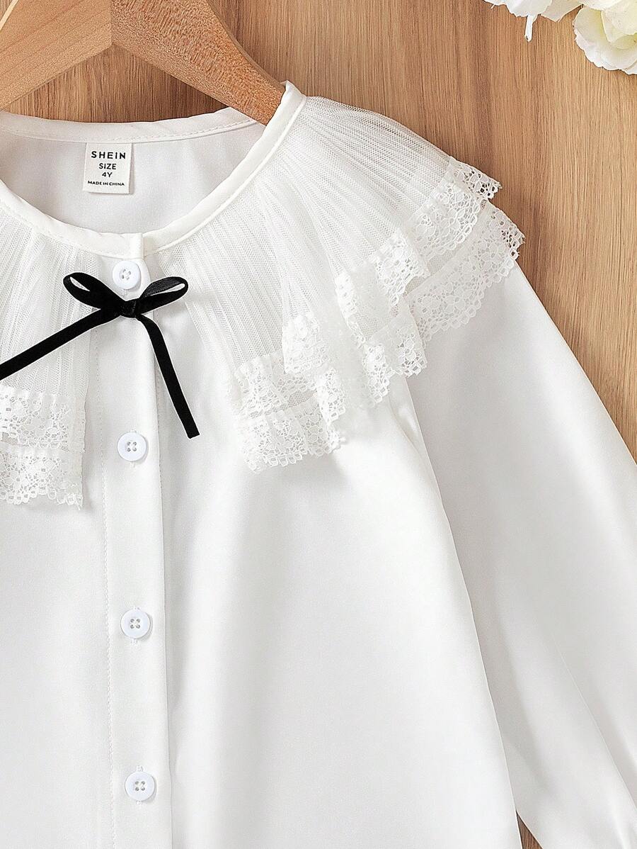 SHEIN قميص بناتي بياقة عالية وأكمام جرس بتشطيب دانتيل