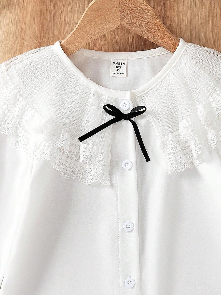 SHEIN قميص بناتي بياقة عالية وأكمام جرس بتشطيب دانتيل
